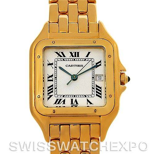 The image shows a front view of a Cartier Panthere W25014B9 Men
s Yellow Gold Silver Dial W25014B9 Men
s Yellow Gold Silver Dial watch, highlighting its rectangular face, Roman numeral dial, and golden bracelet.