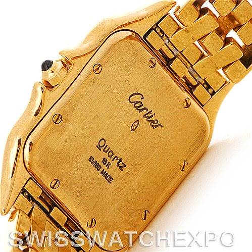 This image shows the case back and bracelet of a Cartier Panthère watch, highlighting its 18-karat gold construction and quartz movement details.