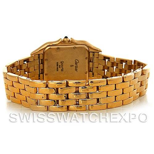 This image shows the case back and gold bracelet of a Panthere model by Cartier, viewed from the rear.