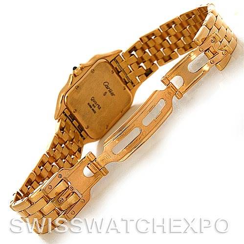 This image shows the back and clasp of a Cartier Panthere W25014B9 Men
s Yellow Gold Silver Dial W25014B9 Men
s Yellow Gold Silver Dial watch at an angle that highlights the bracelet and case back.