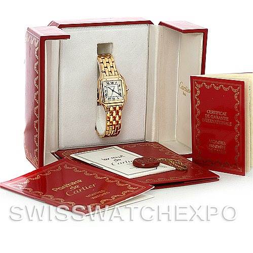 The image shows a Cartier Panthere W25014B9 Men
s Yellow Gold Silver Dial W25014B9 Men
s Yellow Gold Silver Dial model watch and its accessories, including the box and documentation, displayed from a front angle.