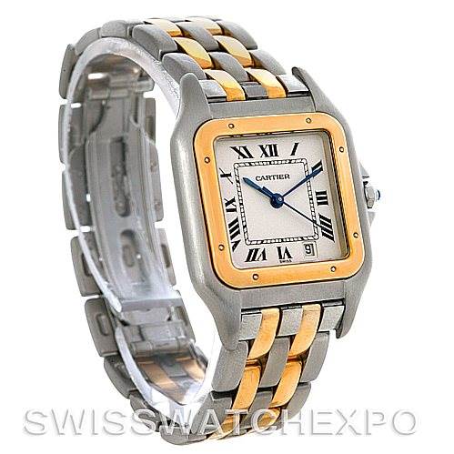 This image shows a Cartier Panthere W25028B6 Men's Steel and Gold (two tone) Silver Dial W25028B6 Men's Steel and Gold (two tone) Silver Dial model watch from an angled view, highlighting the face, bezel, and bracelet.