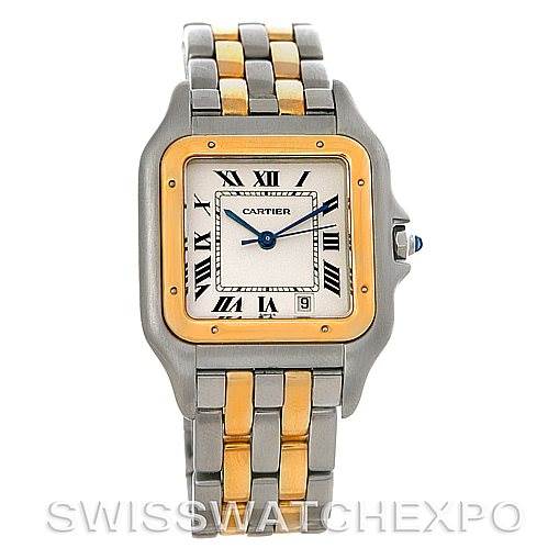 The image shows a front view of a Cartier Panthere W25028B6 Men's Steel and Gold (two tone) Silver Dial W25028B6 Men's Steel and Gold (two tone) Silver Dial watch, featuring the face, bezel, and bracelet.