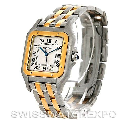 The image shows a Cartier Panthere W25028B6 Men's Steel and Gold (two tone) Silver Dial W25028B6 Men's Steel and Gold (two tone) Silver Dial watch at an angled view, displaying its face, case, and part of the metal bracelet.