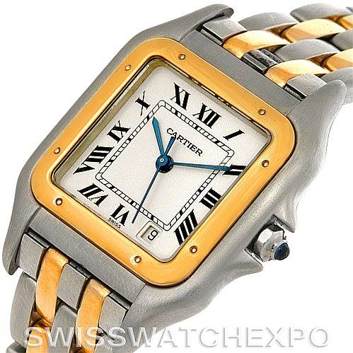 The image shows a Cartier Panthere W25028B6 Men's Steel and Gold (two tone) Silver Dial W25028B6 Men's Steel and Gold (two tone) Silver Dial model watch at an angle, highlighting its face, bezel, bracelet, and crown.