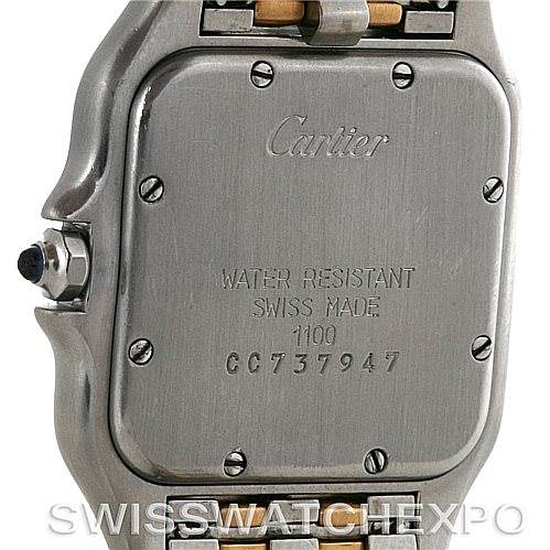 The image shows the back case of a Panthere model by Cartier, featuring water resistance markings and the serial number.