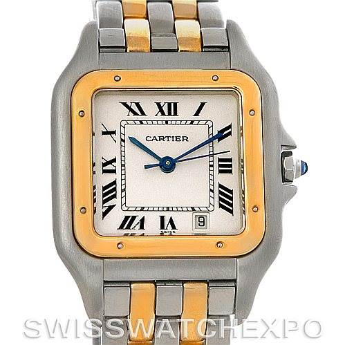 The image shows a front view of the Cartier Panthere W25028B6 Men's Steel and Gold (two tone) Silver Dial W25028B6 Men's Steel and Gold (two tone) Silver Dial watch, emphasizing the face, bezel, and two-tone metal bracelet.