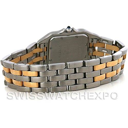 The image shows the back view of a Cartier Panthere W25028B6 Men's Steel and Gold (two tone) Silver Dial W25028B6 Men's Steel and Gold (two tone) Silver Dial watch, focusing on the two-tone metal bracelet.