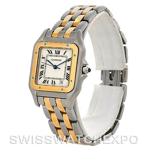 The image shows a Cartier Panthere W25028B6 Steel and Gold (two tone) Silver Dial W25028B6 Steel and Gold (two tone) Silver Dial watch from an angled side view, displaying its face, bezel, and two-tone bracelet.