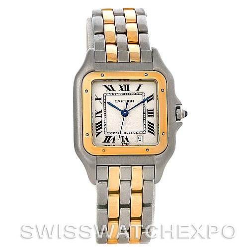 The image shows a front view of a Cartier Panthere W25028B6 Steel and Gold (two tone) Silver Dial W25028B6 Steel and Gold (two tone) Silver Dial model watch, highlighting its two-tone bracelet and square dial.