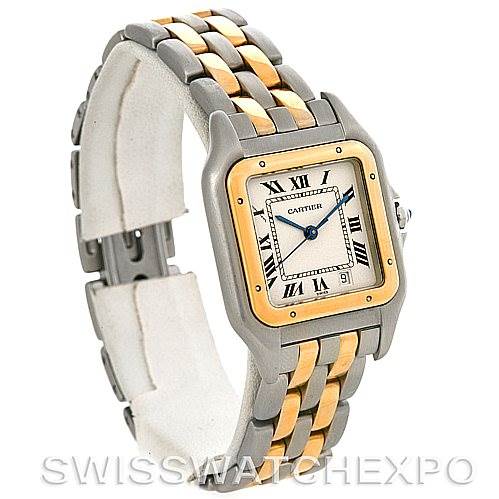 The image showcases a Cartier Panthere W25028B6 Steel and Gold (two tone) Silver Dial W25028B6 Steel and Gold (two tone) Silver Dial model watch at a 3/4 angle, highlighting its bracelet and square face with Roman numerals.