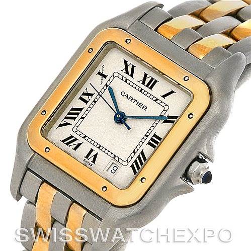 The image shows the face and part of the bracelet of a Cartier Panthere W25028B6 Steel and Gold (two tone) Silver Dial W25028B6 Steel and Gold (two tone) Silver Dial watch, highlighting its two-tone design.