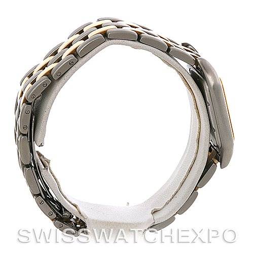 The image shows a side view of a Cartier Panthère model watch, highlighting its linked bracelet and case.