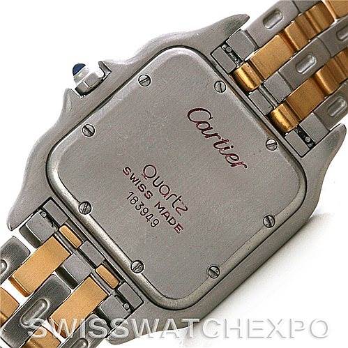 The image shows the case back and part of the bracelet of a Cartier Panthere W25028B6 Steel and Gold (two tone) Silver Dial W25028B6 Steel and Gold (two tone) Silver Dial watch in a close-up view.