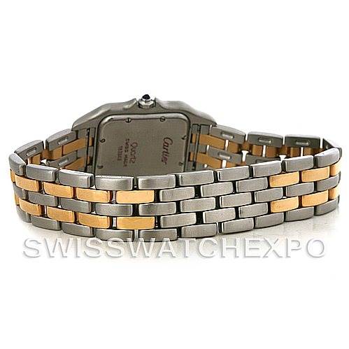 This image shows the back view of a Cartier Panthere W25028B6 Steel and Gold (two tone) Silver Dial W25028B6 Steel and Gold (two tone) Silver Dial watch, highlighting its two-tone metal bracelet and case back.