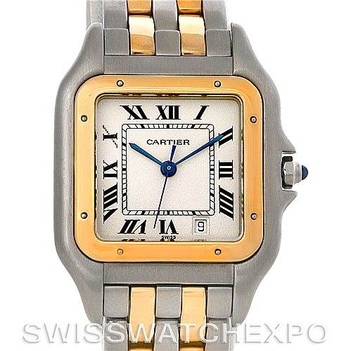 The image shows a front view of the Cartier Panthere W25028B6 Steel and Gold (two tone) Silver Dial W25028B6 Steel and Gold (two tone) Silver Dial watch, displaying the face, bezel, crown, and part of the bracelet.