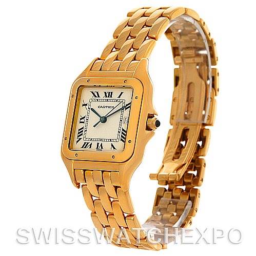 The image shows a side angle of the Cartier Panthère watch, highlighting its gold bracelet and square face with Roman numerals.