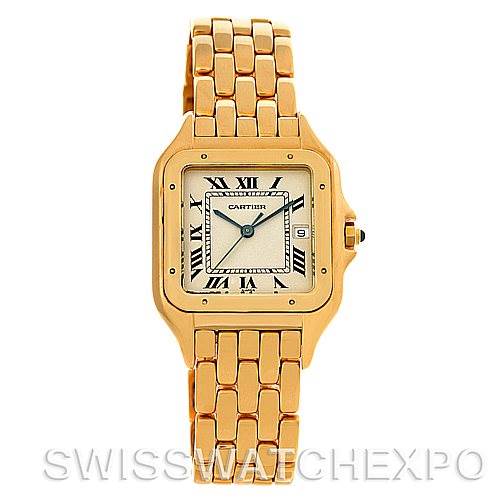 The image shows a front view of a Cartier Panthere W25014B9 Men's Yellow Gold Silver Dial W25014B9 Men's Yellow Gold Silver Dial watch with a gold bracelet and white dial with Roman numerals.