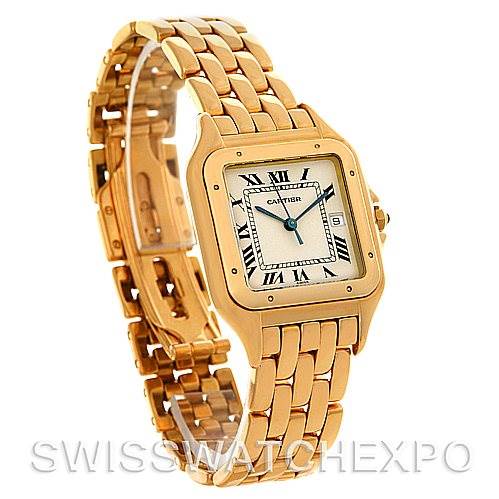 The image shows a Cartier Panthere W25014B9 Men's Yellow Gold Silver Dial W25014B9 Men's Yellow Gold Silver Dial watch at a three-quarter angle, highlighting the face, bezel, and gold bracelet.