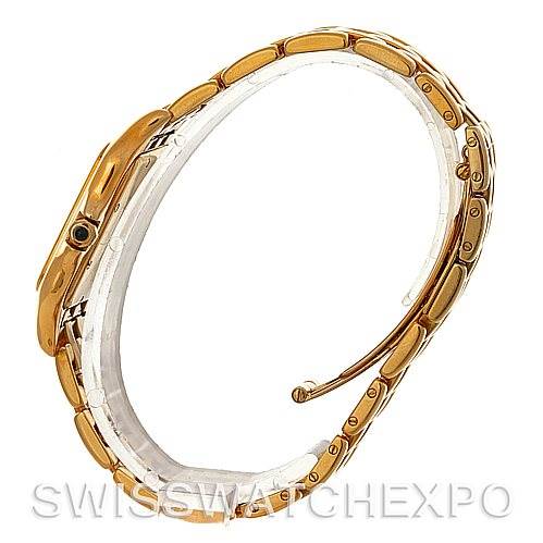 The image shows a side view of a Cartier Panthere W25014B9 Men's Yellow Gold Silver Dial W25014B9 Men's Yellow Gold Silver Dial watch highlighting its gold bracelet and case.