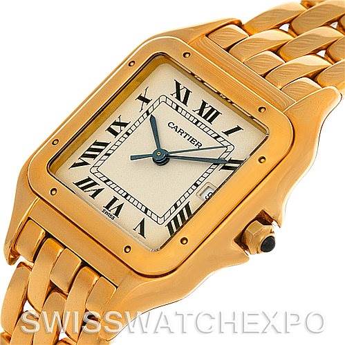 This image shows a close-up view of the dial and part of the bracelet of the Cartier Panthere W25014B9 Men's Yellow Gold Silver Dial W25014B9 Men's Yellow Gold Silver Dial watch.