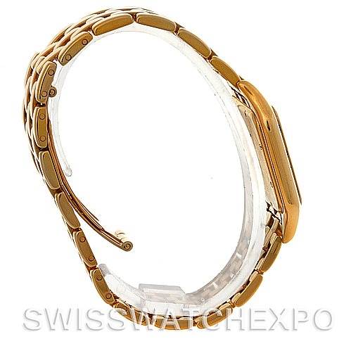 This image shows a side profile view of the Cartier Panthere W25014B9 Men's Yellow Gold Silver Dial W25014B9 Men's Yellow Gold Silver Dial watch, focusing on its gold bracelet and case.