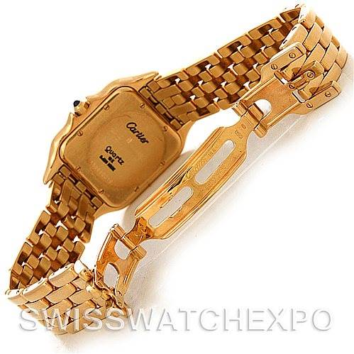 This image shows the backside and open clasp of a Cartier Panthere W25014B9 Men's Yellow Gold Silver Dial W25014B9 Men's Yellow Gold Silver Dial watch, highlighting its gold-tone bracelet and case back.