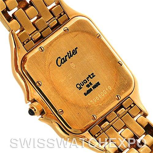 The image shows the case back and partial bracelet of a Cartier Panthere W25014B9 Men's Yellow Gold Silver Dial W25014B9 Men's Yellow Gold Silver Dial Quartz watch.