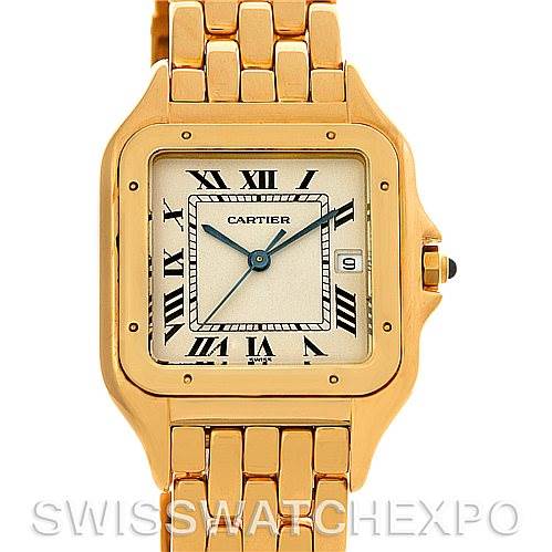 The image shows a front view of a Cartier Panthere W25014B9 Men's Yellow Gold Silver Dial W25014B9 Men's Yellow Gold Silver Dial watch, highlighting its face, case, bezel, bracelet, and date window.