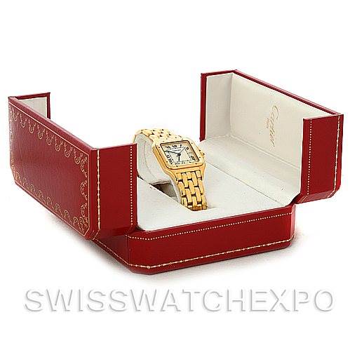 The image shows a Cartier Panthere W25014B9 Men's Yellow Gold Silver Dial W25014B9 Men's Yellow Gold Silver Dial watch in gold, displayed in an open red Cartier box.