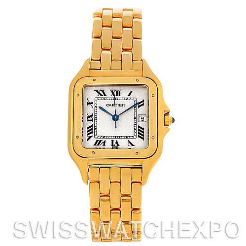 This image shows a frontal view of a Cartier Panthere W25014B9 Men
s Yellow Gold Silver Dial W25014B9 Men
s Yellow Gold Silver Dial watch, featuring its square dial, Roman numerals, and yellow gold bracelet.
