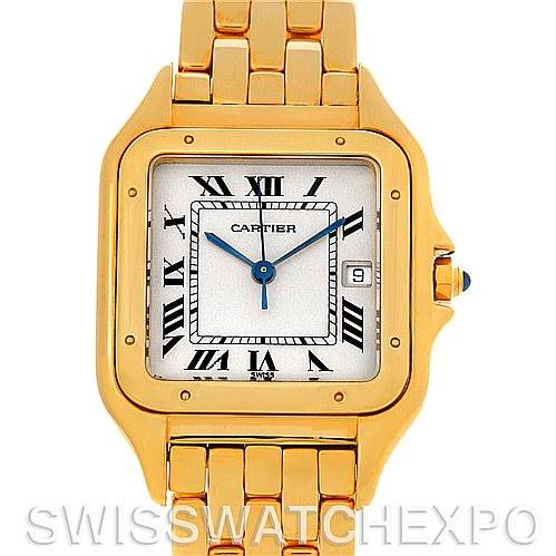 This image shows a front view of the Cartier Panthere W25014B9 Men
s Yellow Gold Silver Dial W25014B9 Men
s Yellow Gold Silver Dial watch, displaying the face, roman numeral dial, and metal bracelet.