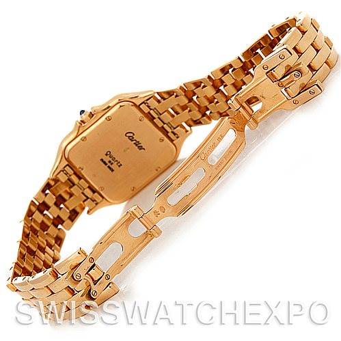 The image shows the back view of a Cartier Panthere W25014B9 Men
s Yellow Gold Silver Dial W25014B9 Men
s Yellow Gold Silver Dial watch, highlighting its bracelet and clasp.