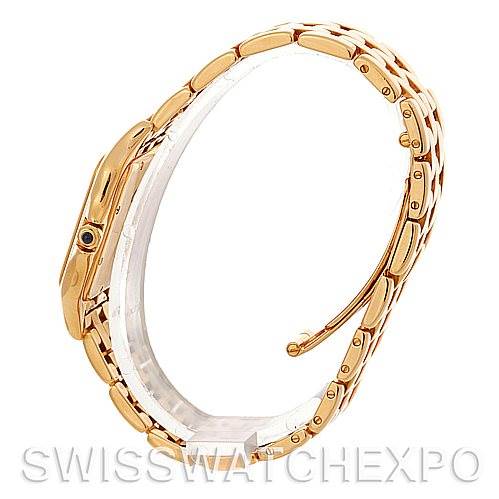 This image shows a side profile of the Cartier Panthere W25014B9 Men
s Yellow Gold Silver Dial W25014B9 Men
s Yellow Gold Silver Dial watch, highlighting its gold bracelet and case.