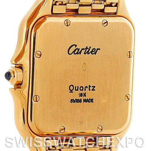 This image shows the back case and part of the bracelet of a Cartier Panthere W25014B9 Men
s Yellow Gold Silver Dial W25014B9 Men
s Yellow Gold Silver Dial watch.