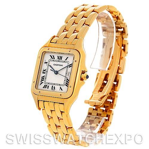 The image shows a Cartier Panthere W25014B9 Men
s Yellow Gold Silver Dial W25014B9 Men
s Yellow Gold Silver Dial watch at an angled view, highlighting its gold rectangular case, Roman numeral dial, and metal bracelet.