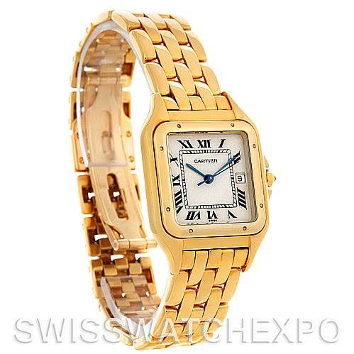 The image shows a Cartier Panthere W25014B9 Men
s Yellow Gold Silver Dial W25014B9 Men
s Yellow Gold Silver Dial watch at a three-quarter angle, highlighting the face, bracelet, and clasp.