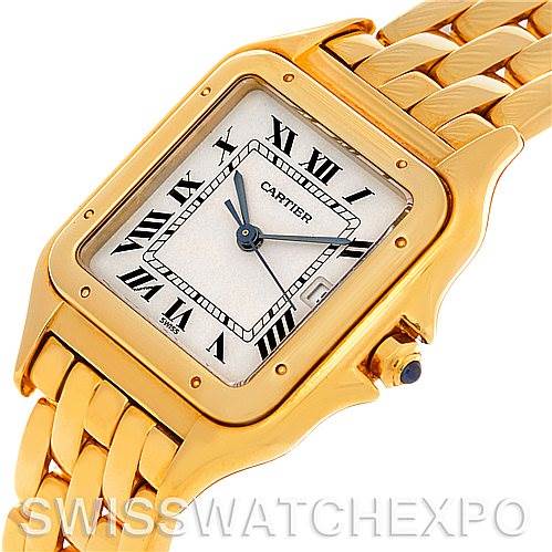 The image shows a Cartier Panthere W25014B9 Men
s Yellow Gold Silver Dial W25014B9 Men
s Yellow Gold Silver Dial watch from a front angle, highlighting the face, bezel, and part of the bracelet.