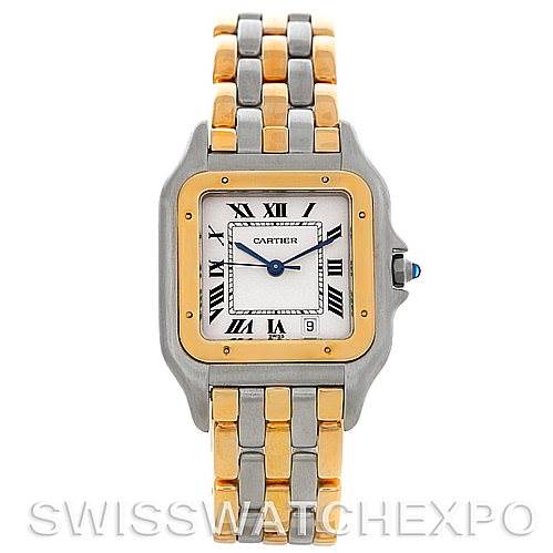 This image shows a front view of the Cartier Panthere Men's Steel and Gold (two tone) Silver Dial Men's Steel and Gold (two tone) Silver Dial watch, showcasing its face, bezel, bracelet, and crown.