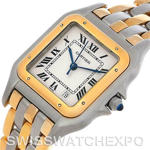 The image showcases a Cartier Panthere Men's Steel and Gold (two tone) Silver Dial Men's Steel and Gold (two tone) Silver Dial watch from a slight side angle, highlighting the face, bezel, and part of the bracelet.