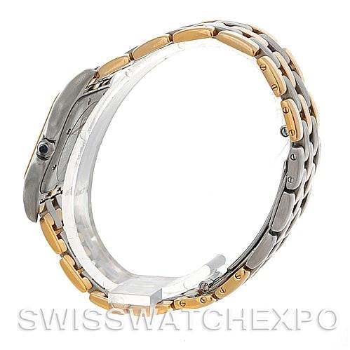 This image shows the side view of a Cartier Panthere Men's Steel and Gold (two tone) Silver Dial Men's Steel and Gold (two tone) Silver Dial watch, focusing on the two-tone metal bracelet and watch case.
