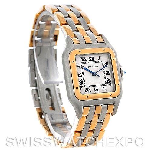 This image shows a front angle view of a Cartier Panthere Men's Steel and Gold (two tone) Silver Dial Men's Steel and Gold (two tone) Silver Dial watch, displaying its face and part of the metallic bracelet.