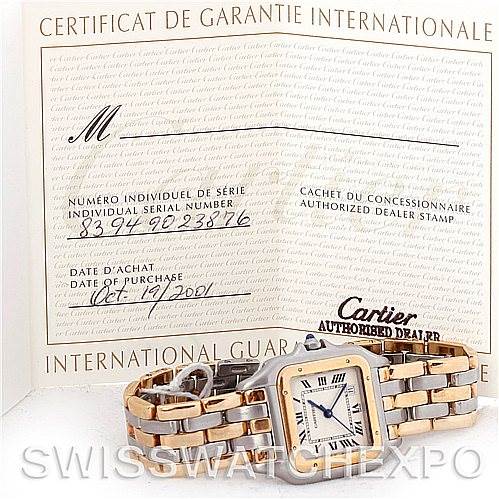 The image shows a Cartier Panthere Men's Steel and Gold (two tone) Silver Dial Men's Steel and Gold (two tone) Silver Dial watch placed in front of its international guarantee certificate, viewed from an angled front perspective.