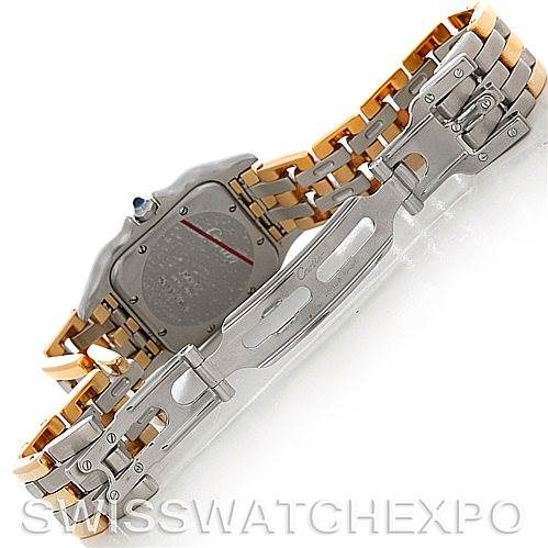 This image shows the case back, clasp, and two-tone bracelet of a Cartier Panthere Men's Steel and Gold (two tone) Silver Dial Men's Steel and Gold (two tone) Silver Dial watch from an angled perspective.
