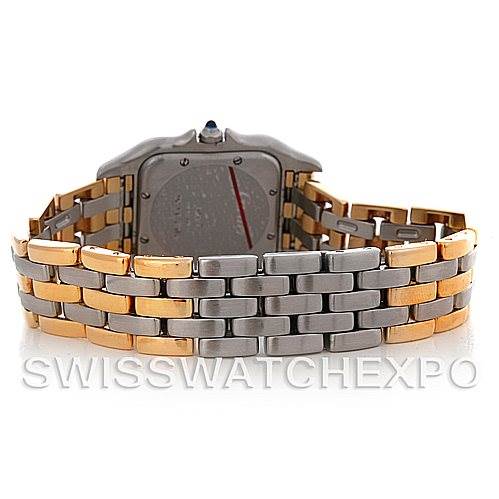 The image shows the back view of a two-tone bracelet and case of a Panthere model by Cartier.