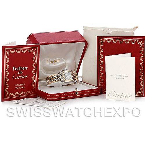 The image shows a Cartier Panthere Men's Steel and Gold (two tone) Silver Dial Men's Steel and Gold (two tone) Silver Dial watch at a front angle, displayed in a red box with accompanying certificates and packaging.