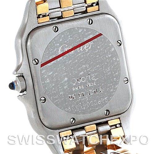 The image shows the back case of the Cartier Panthere Men's Steel and Gold (two tone) Silver Dial Men's Steel and Gold (two tone) Silver Dial model watch, highlighting the engraving and two-tone metal bracelet.