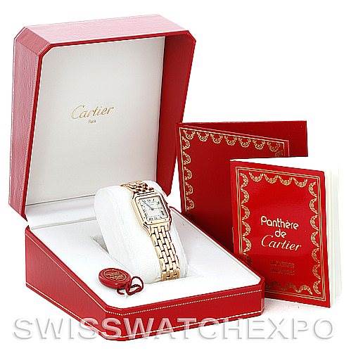 The Panthere de Cartier watch is displayed inside an open red Cartier box alongside a booklet and a tag.