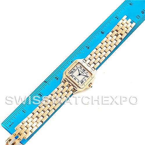 The image shows a Panthere model by Cartier viewed from a top-down angle, positioned next to a blue ruler.