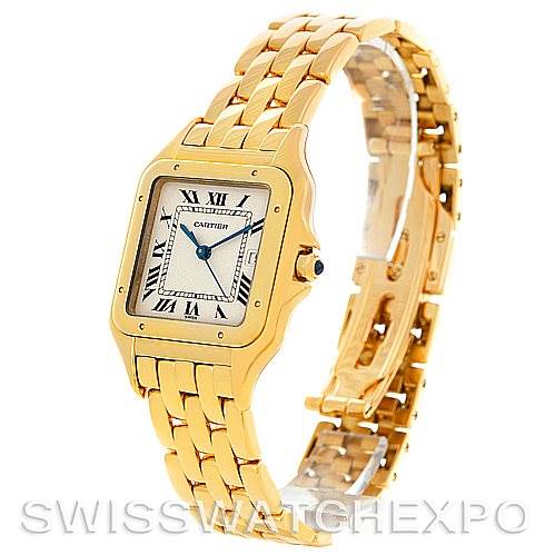 The image shows a Cartier Panthere W25014B9 Men
s Yellow Gold Silver Dial W25014B9 Men
s Yellow Gold Silver Dial watch from a side angle, highlighting the face, dial, and gold bracelet.